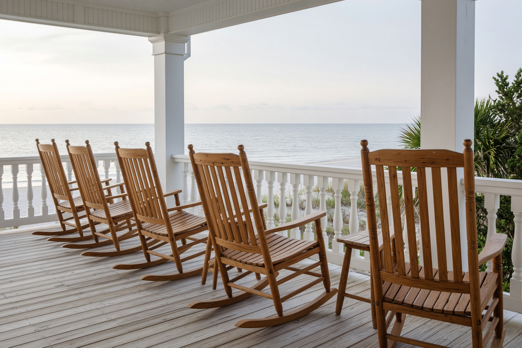 Row of wooden rocking chairs on a white beach house porch facing calm Gulf water