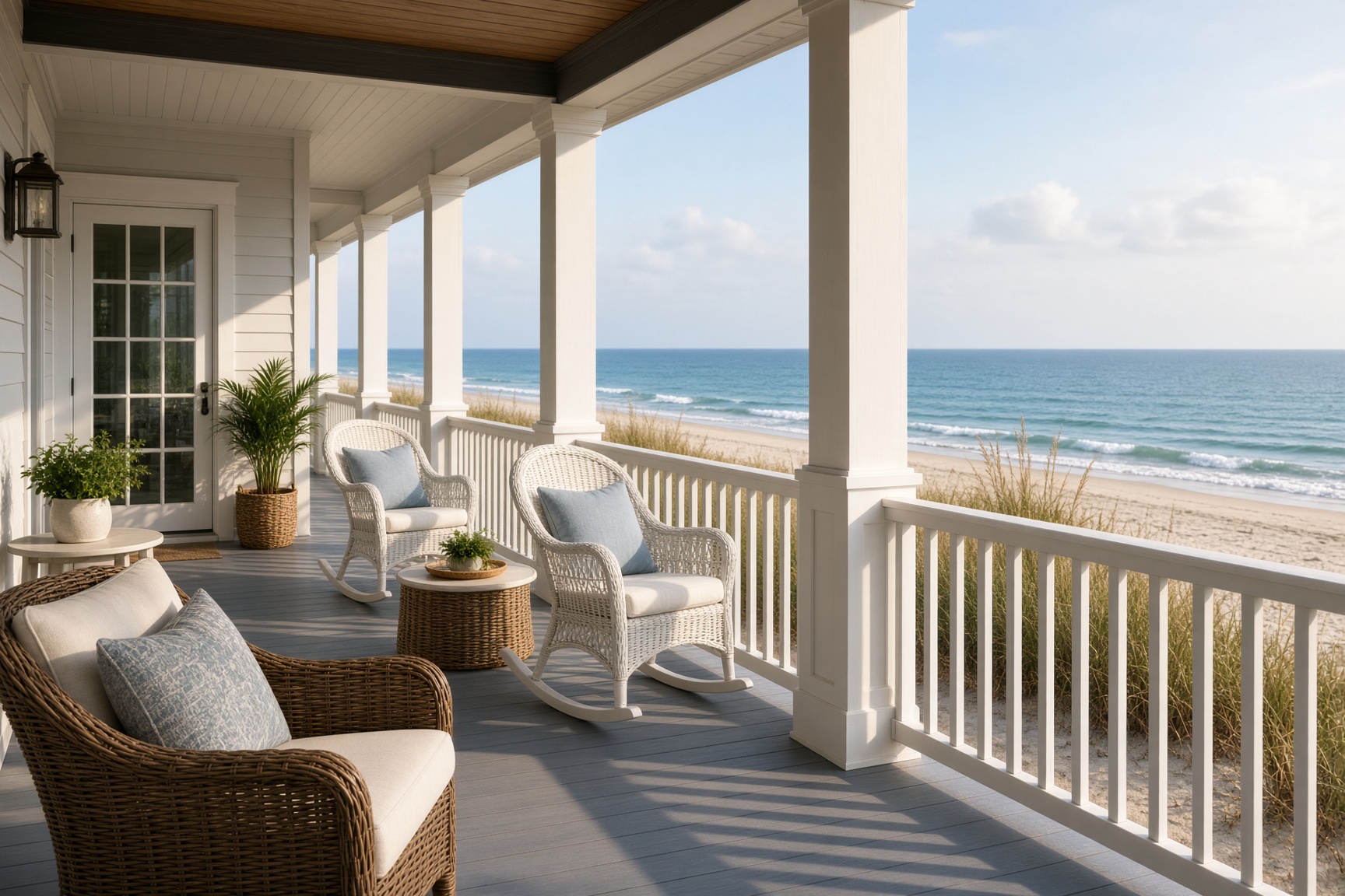 Covered Galveston beach house porch with wicker rockers facing the Gulf, managed by Blue Haven Property Management Group