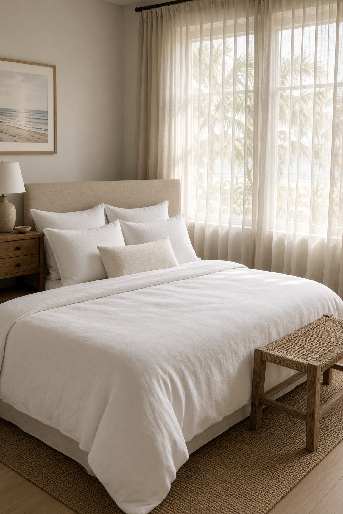 Calm coastal bedroom with white linen bedding, sheer curtains, and a woven bench
