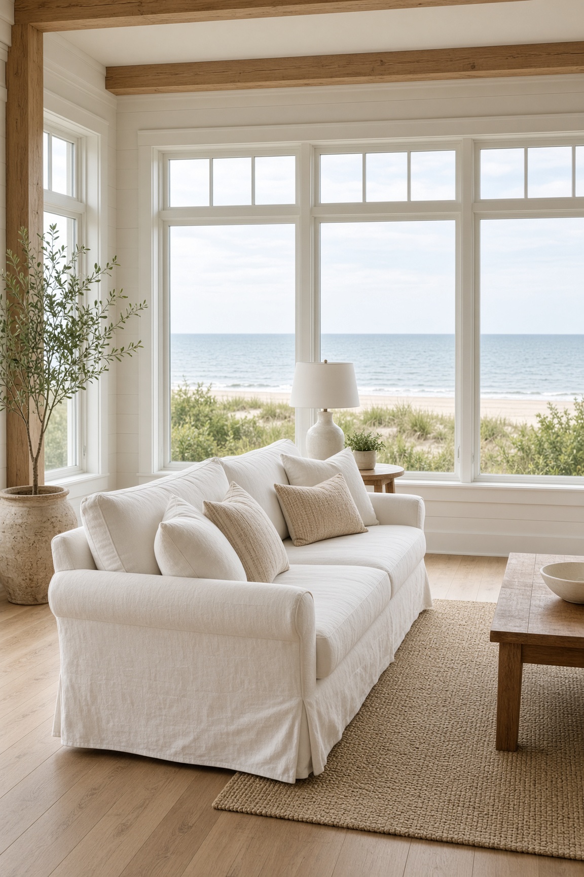 Bright living room with white slipcovered sofa and tall windows looking out to the Gulf in a Blue Haven Property Management Group home