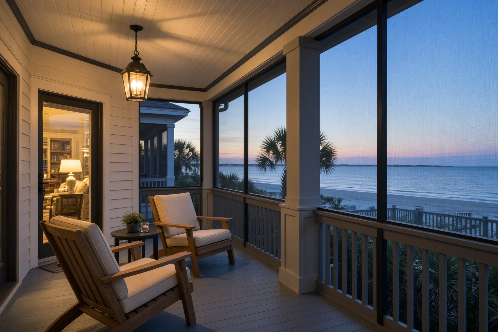 Screened porch at dusk with two cushioned chairs and a lantern overlooking the beach