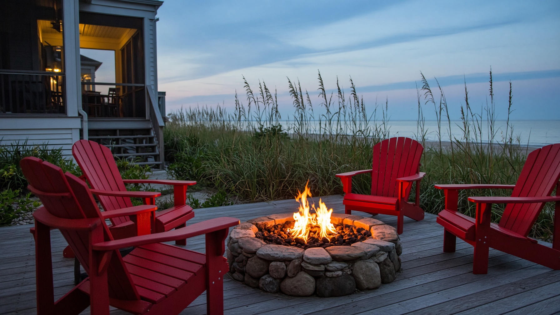 Red Adirondack chairs around a stone fire pit beside dunes at dusk on the Bolivar Peninsula