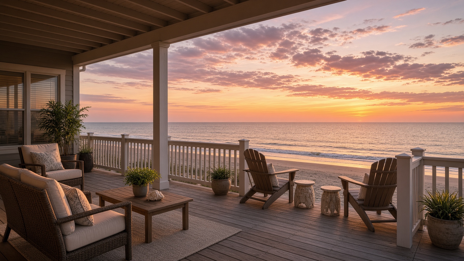 Covered porch with wicker seating and Adirondack chairs facing a pink Gulf sunset
